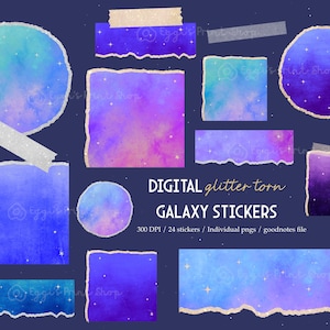 May include: A set of 24 digital galaxy stickers with a torn edge design. The stickers feature a watercolor galaxy background with stars and glitter. The stickers are 300 DPI and come in individual PNG files.
