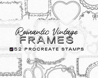 Może przedstawiać: Czarno-biała grafika cyfrowa przedstawiająca różne romantyczne, zabytkowe wzory ramek. Tekst brzmi "Romantic Vintage FRAMES" i "52 PROCREATE STAMPS". Zawiera ramki w kształcie serca, owalu i prostokąta z koronkowymi i kokardkowymi detalami.