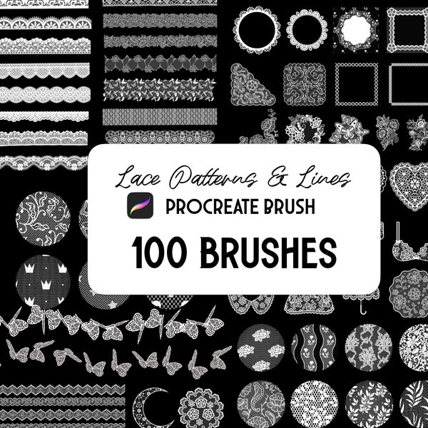 100 Seamless Lace Patters, lines & Frames Procreate Stamp brush Set