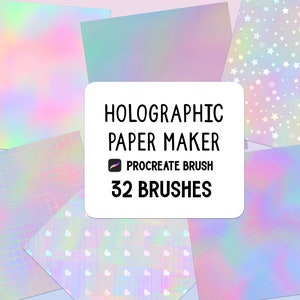 May include: A set of 32 holographic Procreate brushes for creating digital paper textures. The brushes include a variety of patterns, such as stars, hearts, and grids, all with a holographic effect.