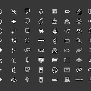 May include: A set of 50 white pixel art icons on a black background. The icons include hearts, stars, moons, clouds, swords, bombs, game controllers, and more.