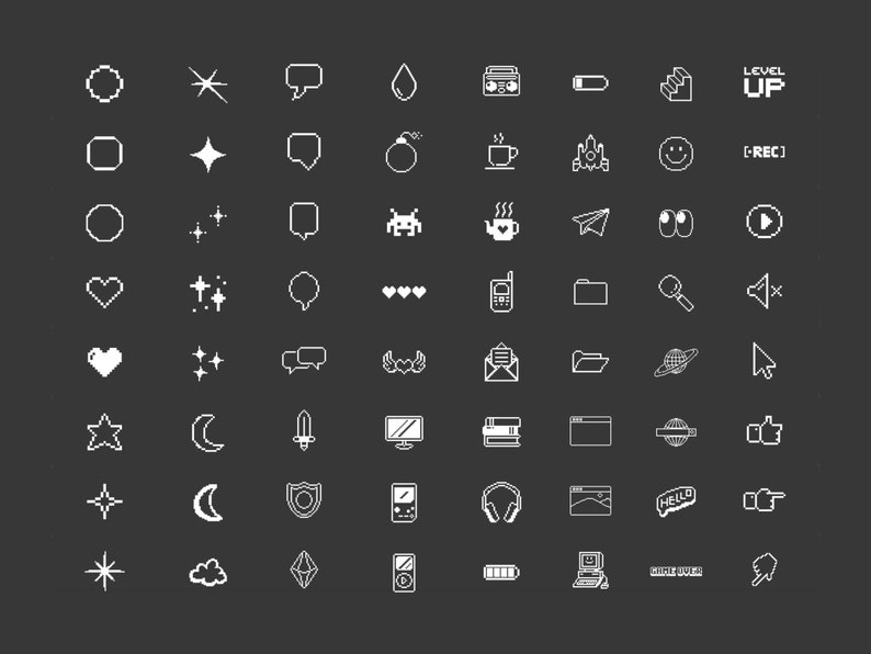 May include: A set of 50 white pixel art icons on a black background. The icons include hearts, stars, moons, clouds, swords, bombs, game controllers, and more.