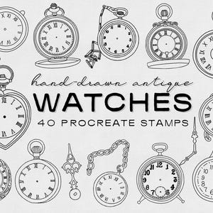 May include: A set of 40 hand-drawn antique watch illustrations, ideal for use as Procreate stamps. The illustrations feature various styles of pocket watches, including round, heart-shaped, and square designs.