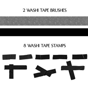 Pu&ograve; includere: Due pennelli di nastro washi nero e otto timbri di nastro washi nero. I timbri hanno varie forme, tra cui una croce, una T e una linea diagonale.