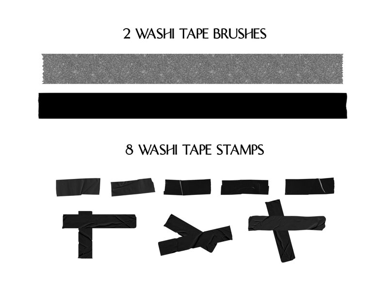 Pu&ograve; includere: Due pennelli di nastro washi nero e otto timbri di nastro washi nero. I timbri hanno varie forme, tra cui una croce, una T e una linea diagonale.