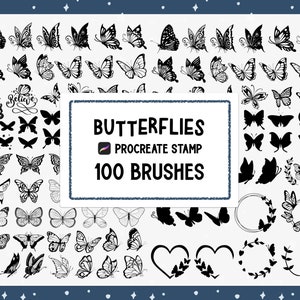 May include: A set of 100 Procreate butterfly brushes. The image shows a variety of butterfly designs, including simple outlines, detailed wings, and butterflies with floral accents. The text "Butterflies" and "100 Brushes" is displayed in a black box.