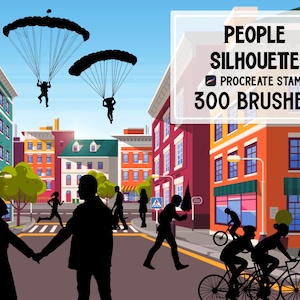May include: A digital illustration of 300 Procreate stamps featuring silhouettes of people in various poses. The stamps are designed for use in digital art and illustration.