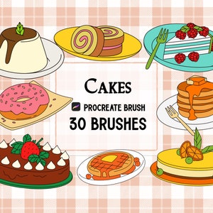 Puede incluir: Un conjunto de 30 pinceles de Procreate para dibujar varios tipos de pasteles, incluyendo una dona, un pastel de chocolate con fresas, un pastel de queso con naranjas, una pila de panqueques con jarabe, un pastel enrollado, una rebanada de pastel en capas con frambuesas y un pudín con salsa de chocolate. El texto "CAKES" y "30 BRUSHES" se muestra en un fondo blanco.
