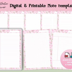 Plantilla de notas digitales de flores estéticas - Imprimible, A4, carta estadounidense, Goodnotes, PDF