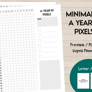 Modelo para impressão de um ano em pixels - A4, Carta, PDF, rastreador de humor, rastreador de hábitos, download instantâneo