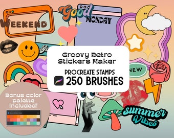 Groovy Retro Stickers Maker Procreate Stamp brush Set