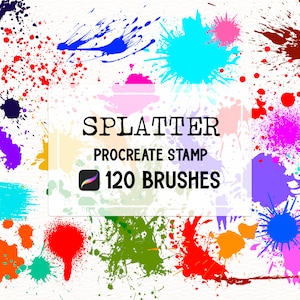 Può includere: Un set di 120 timbri Procreate con schizzi di vernice colorati di varie dimensioni e forme. Il testo "SPLATTER PROCREATE STAMP 120 BRUSHES" è visualizzato in un rettangolo bianco.