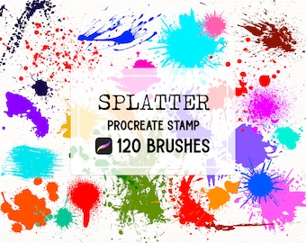 Op de afbeelding: Een set van 120 Procreate-stempels met kleurrijke verfspatten in verschillende maten en vormen. De tekst "SPLATTER PROCREATE STAMP 120 BRUSHES" wordt weergegeven in een wit rechthoek.