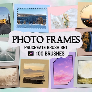 Puede incluir: Gráfico de arte digital con varios marcos de fotos con imágenes de paisajes y arquitectura. Se muestra el texto "PHOTO FRAMES", junto con "PROCREATE BRUSH SET" y "100 BRUSHES". Los marcos tienen formas y colores variados.