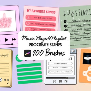 Könnte beinhalten: Ein Set mit 100 Procreate-Pinseln und -Stempeln zum Erstellen von Designs für Musikplayer und Playlists. Das Bild zeigt eine Vielzahl von bunten Illustrationen, darunter einen rosa Musikplayer mit dem Text "I Love You", eine grüne Playlist mit dem Text "Lily's Playlist" und eine gelbe Wochenplaylist mit Zeilen für Songtitel. Der Text "Music Player & Playlist Procreate Stamps 100 Brushes" ist ebenfalls sichtbar.