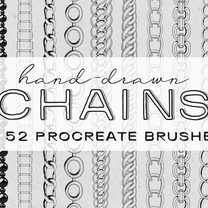 Może przedstawiać: Zestaw 52 ręcznie rysowanych pędzli łańcuchowych do Procreate. Pędzle są czarno-białe i prezentują różne style łańcuchów, w tym proste ogniwa, ozdobne łańcuchy i łańcuchy z koralikami.