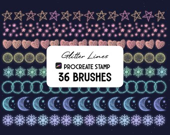 Può includere: Un set di 36 pennelli a timbro Procreate che presentano linee glitter in varie forme, tra cui stelle, cuori, cerchi, fiocchi di neve e lune crescenti. I pennelli sono progettati per l'uso nell'arte digitale e nell'illustrazione.