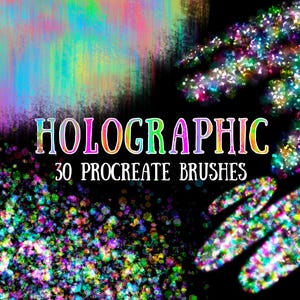 Könnte beinhalten: Ein Set mit 30 holografischen Procreate-Pinseln. Die Pinsel wurden entwickelt, um eine Vielzahl von Effekten zu erzeugen, darunter Glitzer, Funkeln und irisierende Oberflächen.