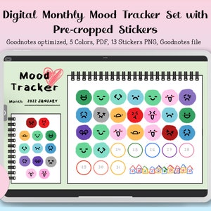 Könnte beinhalten: Ein digitaler monatlicher Stimmungs-Tracker mit vorgefertigten Stickern. Der Tracker ist für die Verwendung mit der Goodnotes-App konzipiert. Der Tracker verfügt über einen Kalender mit einem Herzen und dem Text "Mood Tracker" und "2022 JANUARY". Die Sticker umfassen eine Vielzahl von bunten Emojis.