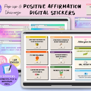 May include: A digital sticker set with 19 positive affirmations. The stickers are in a variety of colors and feature illustrations of animals, hearts, and other designs. The stickers are designed to be used in digital planners and notebooks.