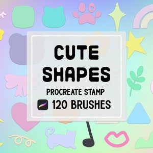May include: A set of 120 cute shapes for Procreate, featuring a variety of pastel colours and designs, including hearts, stars, paw prints, and more. The text "Cute Shapes Procreate Stamp 120 Brushes" is displayed on a white rectangle.