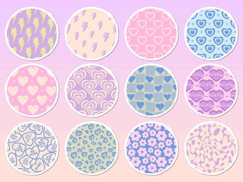 May include: A set of twelve circular stickers featuring various patterns including yellow lightning bolts, pink hearts, blue hearts, checkered prints, the word baby, conversation hearts with text, leopard spots, and floral designs.