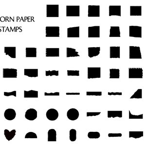 Pu&ograve; includere: 57 timbri di carta strappata in bianco e nero. I timbri sono di varie forme e dimensioni, tra cui quadrati, rettangoli, cerchi, cuori e triangoli.