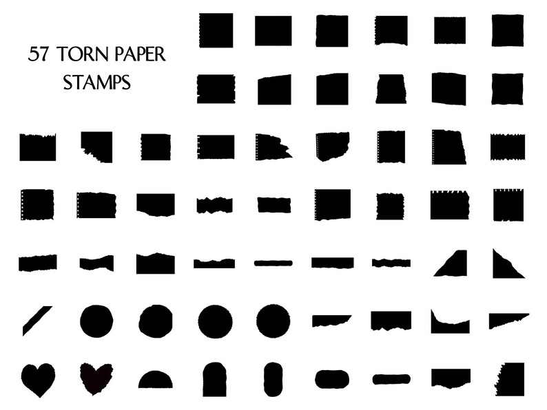 Pu&ograve; includere: 57 timbri di carta strappata in bianco e nero. I timbri sono di varie forme e dimensioni, tra cui quadrati, rettangoli, cerchi, cuori e triangoli.