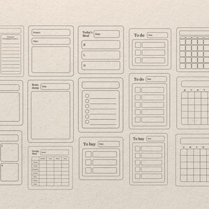 May include: A printable planner sheet with 14 different sections for organizing tasks, meals, and to-do lists. The sections include "Gratitude Journal", "Brain Dump", "Today's Meal", "To Do", "To Buy", and "Weekly Meal".