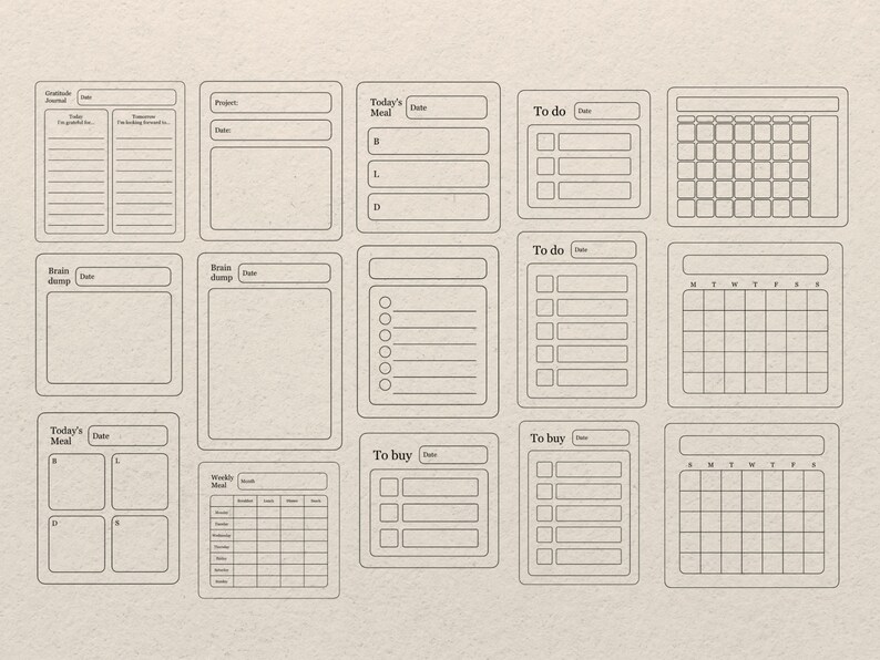 May include: A printable planner sheet with 14 different sections for organizing tasks, meals, and to-do lists. The sections include "Gratitude Journal", "Brain Dump", "Today's Meal", "To Do", "To Buy", and "Weekly Meal".