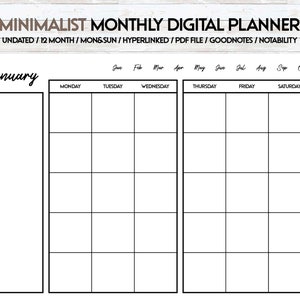 May include: A black and white printable monthly planner with the word "January" at the top. The planner is divided into seven columns for each day of the week, with the days of the week labelled at the top. The planner is undated and can be used for any month of the year.