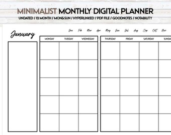 May include: A black and white printable monthly planner with the word "January" at the top. The planner is divided into seven columns for each day of the week, with the days of the week labeled at the top. The planner is undated and can be used for any month of the year.