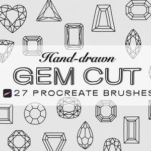 May include: A set of 27 hand-drawn gem cut Procreate brushes. The brushes are black and white and feature various shapes, including hearts, triangles, squares, and ovals.