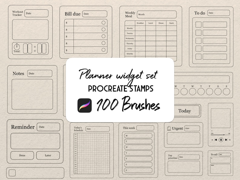 May include: A set of black and white planner widgets for Procreate. The widgets include a workout tracker, bill due tracker, weekly meal planner, to-do list, notes, reminder, today's schedule, this week, urgent, top priorities, and to call. The widgets are designed to be used as stamps in the Procreate app.