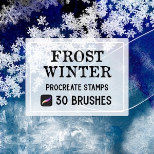 May include: A digital illustration of a blue and white background with snowflakes. The text "Frost Winter" is in a white box with a Procreate logo and the text "30 Brushes".
