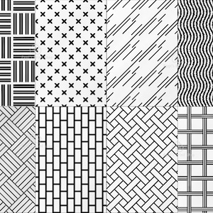 May include: Eight black and white geometric patterns. The patterns include stripes, crosses, diagonal lines, waves, and woven designs.