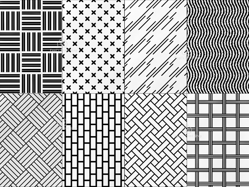 May include: Eight black and white geometric patterns. The patterns include stripes, crosses, diagonal lines, waves, and woven designs.