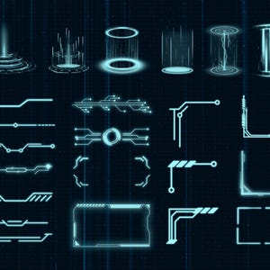 K&ouml;nnte beinhalten: Ein Satz von 18 blauen leuchtenden digitalen Interface-Elementen, darunter Kreise, Quadrate, Rechtecke und Linien. Diese Elemente k&ouml;nnen verwendet werden, um futuristische Benutzeroberfl&auml;chen, Dashboards und andere digitale Designs zu erstellen.
