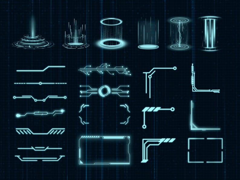 K&ouml;nnte beinhalten: Ein Satz von 18 blauen leuchtenden digitalen Interface-Elementen, darunter Kreise, Quadrate, Rechtecke und Linien. Diese Elemente k&ouml;nnen verwendet werden, um futuristische Benutzeroberfl&auml;chen, Dashboards und andere digitale Designs zu erstellen.
