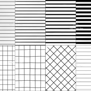 May include: A digital image displaying six different patterns. The top left pattern is a white background with thin grey horizontal lines. The top middle pattern is a white background with thin black horizontal lines. The top right pattern is a black and white striped pattern. The bottom left pattern is a white background with a grid of black squares. The bottom middle pattern is a white background with a grid of black diagonal lines. The bottom right pattern is a white background with thin black horizontal lines.