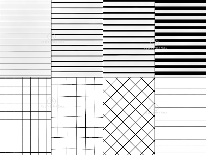May include: A digital image displaying six different patterns. The top left pattern is a white background with thin grey horizontal lines. The top middle pattern is a white background with thin black horizontal lines. The top right pattern is a black and white striped pattern. The bottom left pattern is a white background with a grid of black squares. The bottom middle pattern is a white background with a grid of black diagonal lines. The bottom right pattern is a white background with thin black horizontal lines.