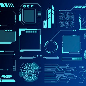 May include: A set of blue and white digital interface elements, including frames, circles, lines, and circuit board patterns. These elements can be used for creating futuristic or technological designs.