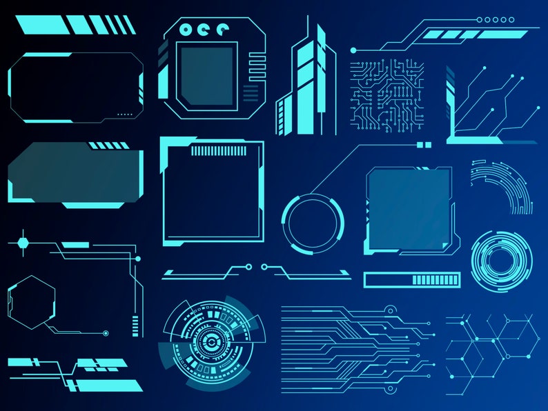 May include: A set of blue and white digital interface elements, including frames, circles, lines, and circuit board patterns. These elements can be used for creating futuristic or technological designs.
