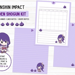 Op de afbeelding: Een printbare set met het Genshin Impact-personage Raiden Shogun. De set bevat een maandplanner, gelinieerd papier en grafiekpapier. Het ontwerp is in paars en wit met illustraties van Raiden Shogun.