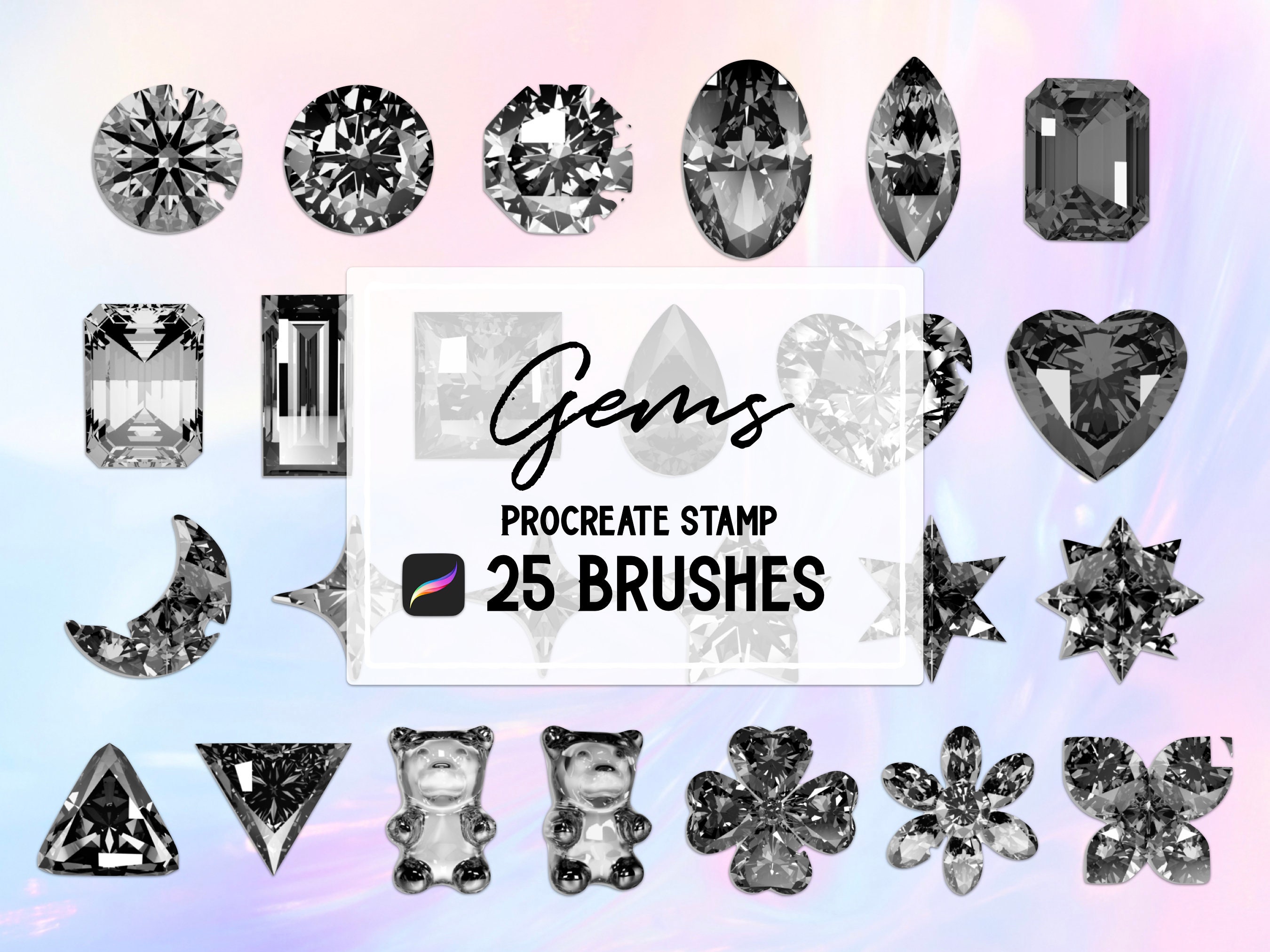 Set de pinceles sello Procreate de gemas realistas Vol. 2 — 25 sellos de piedras para iPad
