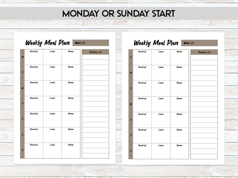 May include: A printable weekly meal planner with two pages, each with a section for breakfast, lunch, and dinner, and a shopping list. The pages are labeled "Weekly Meal Plan" and have a brown background.