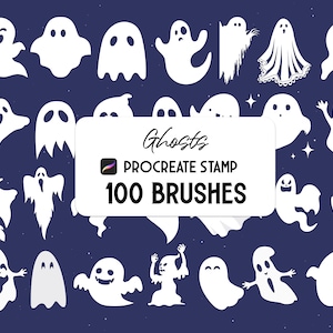 May include: A set of 100 Procreate stamp brushes featuring various ghost designs. The brushes are white and are set against a dark blue background. The text "Ghosts Procreate Stamp 100 Brushes" is displayed in the centre of the image.