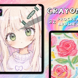 May include: A digital art set featuring 32 Procreate brushes labelled CRAYONS. The display shows two tablet screens: one with a pastel-coloured anime-style character illustration and another with a vibrant crayon-textured drawing of pink roses.