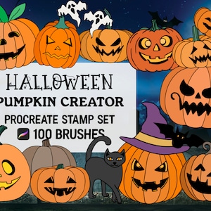 May include: A digital stamp set for Procreate featuring 100 brushes for creating Halloween pumpkins. The set includes various pumpkin designs with different facial expressions and a witch's hat. The text "HALLOWEEN PUMPKIN CREATOR" and "PROCREATE STAMP SET 100 BRUSHES" is displayed on a white banner.