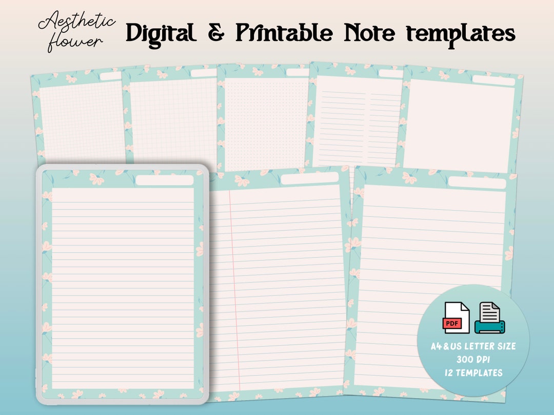 Aesthetic Flower Digital Notes Template - Printable, A4, US Letter ...